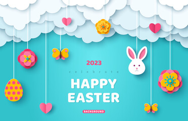 happy easter day sale header or voucher template with hanging hearts, flowers, bunny rabbit and egg.