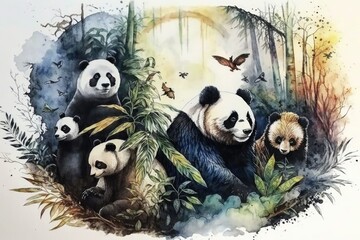 Canvas Print - a panda with other animals in the jungle, painted in watercolor. Generative AI