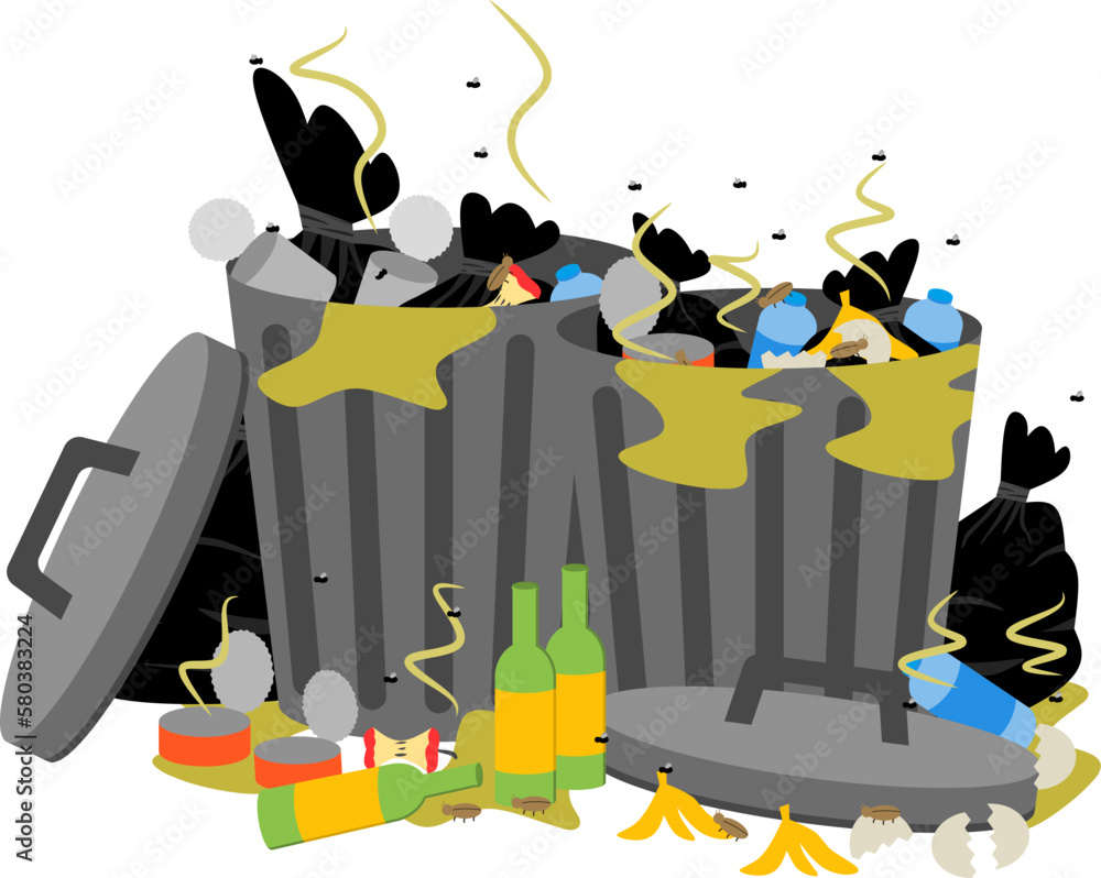 dirty trash can vector, full of messy, smelly and disgusting rubbish. Dirty  trash cans, messy trash cans, full trash cans, dirty environment, scattered  trash Stock Vector | Adobe Stock, image size:1000x798