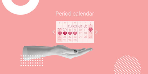 Wall Mural - Graphic representation of menstrual cycle above hand of woman on pink background. Contraception, pregnancy planning concept, women's health. Minimalistic collage