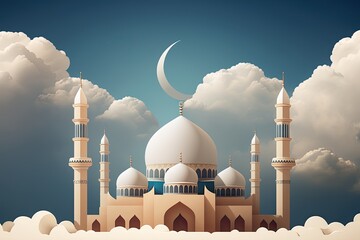 Ramadan Kareem Background with Mosque and Crescent Moon 3d Rendering. Generative Ai