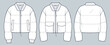 Set of padded crop Jacket technical fashion Illustration.Bomber Jacket fashion flat technical drawing template, pocket, rib collar, zip-up, front and back view, white, women, men, unisex CAD mockup.