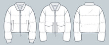 Set Of Padded Crop Jacket Technical Fashion Illustration.Bomber Jacket Fashion Flat Technical Drawing Template, Pocket, Rib Collar, Zip-up, Front And Back View, White, Women, Men, Unisex CAD Mockup.