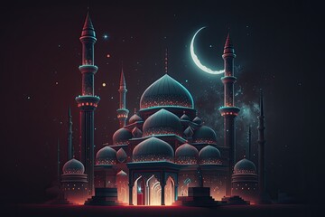 Ramadan Kareem Background in Neon Colors with Mosque and Crescent Moon 3d Rendering. Generative Ai