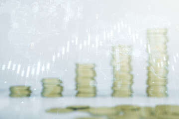 Double exposure of abstract creative financial chart hologram and world map on growing stacks of coins background, research and strategy concept