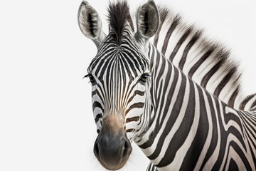 Wall Mural - Zebra close up portrait. Zebra standing alone against a white background. Generative AI