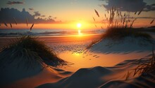 Pôr Do Sol Sobre O Oceano Com A Praia, Luz Quente E Dourada, Incluindo Areia, Ondas. Generative AI
