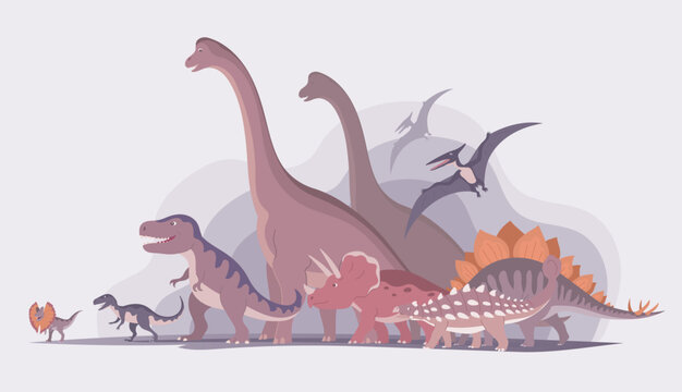group of dinosaurs. t rex, brachiosaurus, pteranodon, stegosaurus and triceratops. jurassic period. 