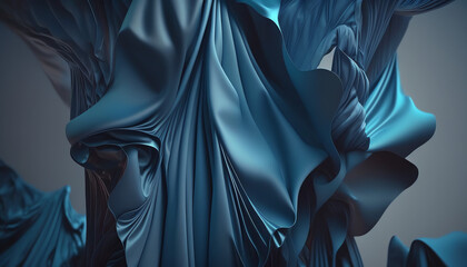 3d render, abstract blue background with layers of silk folded drapery, fashion wallpaper with levitating cloth