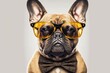 Cute brown French bulldog wearing sunglasses and a black bow tie. It looks hungry and makes your mouth water. Isolated on a white background. Generative AI