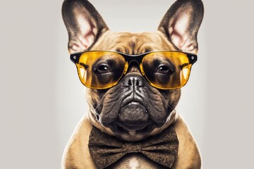 Wall Mural - Cute brown French bulldog wearing sunglasses and a black bow tie. It looks hungry and makes your mouth water. Isolated on a white background. Generative AI