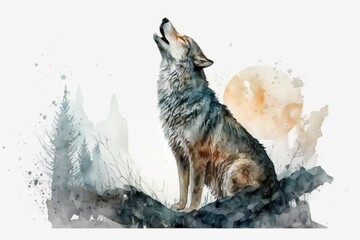 Naklejka na meble Watercolor drawing of a wolf howling. Grey wolf, coyot howl, hand drawn picture of an animal. Animals that hunt in the forest. Single wolf howl. A gray, hairy coyot is sitting. Generative AI