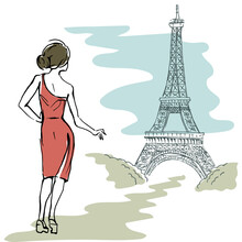 A Girl In A Red Dress On The Background Of The Eiyel Tower. Line Drawing, Line Art. Vector Illustration.