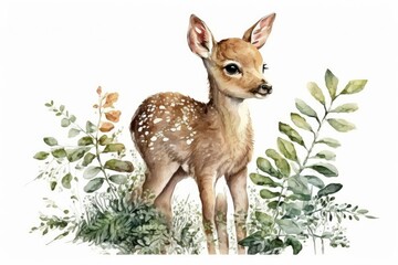 Wall Mural - Watercolor picture of a cute little deer, forest animal, baby deer, Bambi deer, baby shower, children's card for congratulations. Generative AI