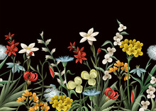 Border With Thin Meadow Flowers. Vector.