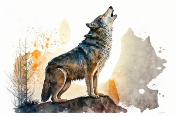 Wall Mural - Watercolor drawing of a wolf howling. Grey wolf, coyot howl, hand drawn picture of an animal. Animals that hunt in the forest. Single wolf howl. A gray, hairy coyot is sitting. Generative AI
