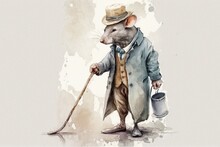 Watercolor Drawing Of An Old Man Mouse In A Gray Suit Holding A Hat And A Walking Stick. Watercolor Hand Drawn Sketch Of A Drawing. Generative AI