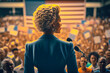 Presidential woman girl candidate speaks stage rostrum, agitating to vote for team, crowd voters backdrop United States of America flags. Election campaign ahead elections authorities. Generative AI