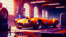 An Orange Sports Car Is Parked In Garage. Generative AI.