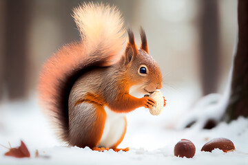 Wall Mural - cute squirrel eats a nut in winter. Generative AI, Generative, AI