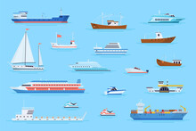 Cartoon Ships Harbor. Marine Carrier Boats On River Ferry Port Dock Side View, Ocean Tanker Cargo Container Nave Yacht Modern Sailboat Speedboat Cruise Vessel Vector Illustration