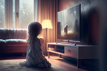 Back View Of Little Child Girl Sitting On The Floor And Watching Television In The Room Without Supervision From Her Parents. Parental Control Concept. Illustration, Generative AI.