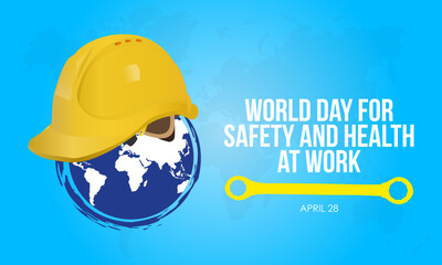 Wall Mural - world day for safety and health at work. Planet Earth, wrench and helmet for safe and healthy working days with blue background. Observed on April 28