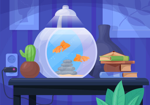 Indoor aquarium. Cartoon room interior with fish pet tank under lamp on table, acquariam drawer for small sea fishes, lighting furniture house decoration, neat vector illustration