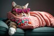 This cute and funny tabby cat is wearing pink sunglasses in the shape of heat and sleeping on a big pillow on the couch. Pets in clothes. Pets like human. Valentine's day. Generative AI