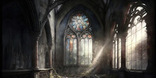 Abandoned Church, Broken Glass And Peeling Frescoes. Captured In A Reverent Style With Soft Focus. --ar 2:1 Generative AI