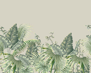 Border with jungle plants and leaves in victorian style. Vector.