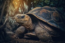 The Aldabra Giant Tortoise, An Endemic Species, Is One Of The Biggest Tortoises In The World. It Lives In The Mauritius Island Zoo Nature Park. Huge Reptile Portrait. The Idea Of Traveling With Exotic