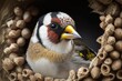 The beak of a European goldfinch (Carduelis carduelis) is full of nesting materials. Spring picture of wildlife in Norfolk, UK. Generative AI