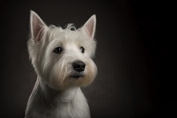 Poster - Cute white dog on dark background. West Highland White Terrier. Generative AI