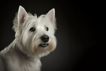 Wall Mural - Cute white dog on dark background. West Highland White Terrier. Generative AI