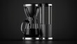 A sleek silver coffee maker with a glass carafe, placed on a black background. The lighting is bright and clean, highlighting the coffee maker's modern and minimalist design. generative ai