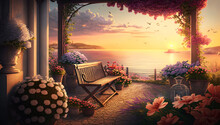Ai Generated, View Of Seaside Outdoor Summer Ambience, Sunset Morning With Flowers.