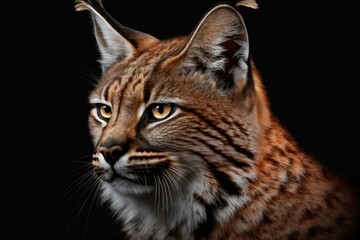 Canvas Print - The head of a red bobcat from Canada, set off against a black background. Generative AI