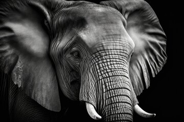 Wall Mural - Portrait of an elephant, in black and white, of an African elephant, up close. Generative AI