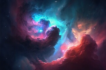 Wall Mural - Space with shining stars, stardust and nebula. Realistic cosmos. Colorful galaxy illustration. Bright futuristic background. Generative AI.