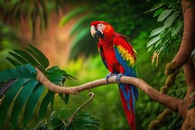 Red Bird Bird Sitting On A Branch, Scarlet Macaw, Ara Macao, Costa Rica. Scene Of Animals In A Tropical Forest. A Beautiful Parrot Is Sitting On A Green Tree In Nature. Generative AI