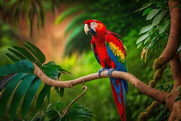 Canvas Print - Red bird Bird sitting on a branch, Scarlet Macaw, Ara macao, Costa Rica. Scene of animals in a tropical forest. A beautiful parrot is sitting on a green tree in nature. Generative AI