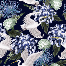 Seamless Pattern With White Heron And Chrysanthemum, Golden-daisy. Vector.