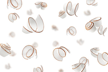 Canvas Print - Falling Coconut curls, shavings, isolated on white background, selective focus