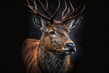 Red Deer Portrait On Black Background. Generative AI