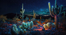 Bioluminescent Sonoran Desert At Night With Cactus By Generative AI