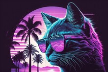 Retro Wave Synth Vaporwave Portrait Of A Cat Wearing Sunglasses And A Reflection Of Palm Trees. Sci Fi And Futuristic Fashion Posters From The 1980s With A Violet Neon Look. Generative AI