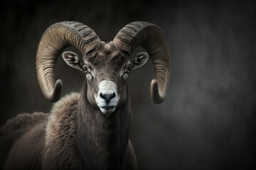 portrait of a ram with big horns, mouflon, wild ram, mountain sheep, animal with horns, copy space. 