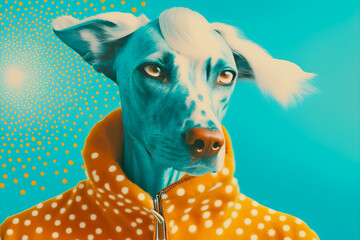 Wall Mural - 70s style dog portrait in retro halftone style, Generative AI