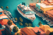 An aerial view of a cruise ship docked at a tropical port, with palm trees and colorful buildings in the background - Generative AI